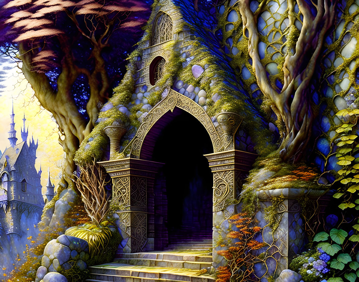 Mystical tree-shaped castle entrance in vivid fantasy landscape