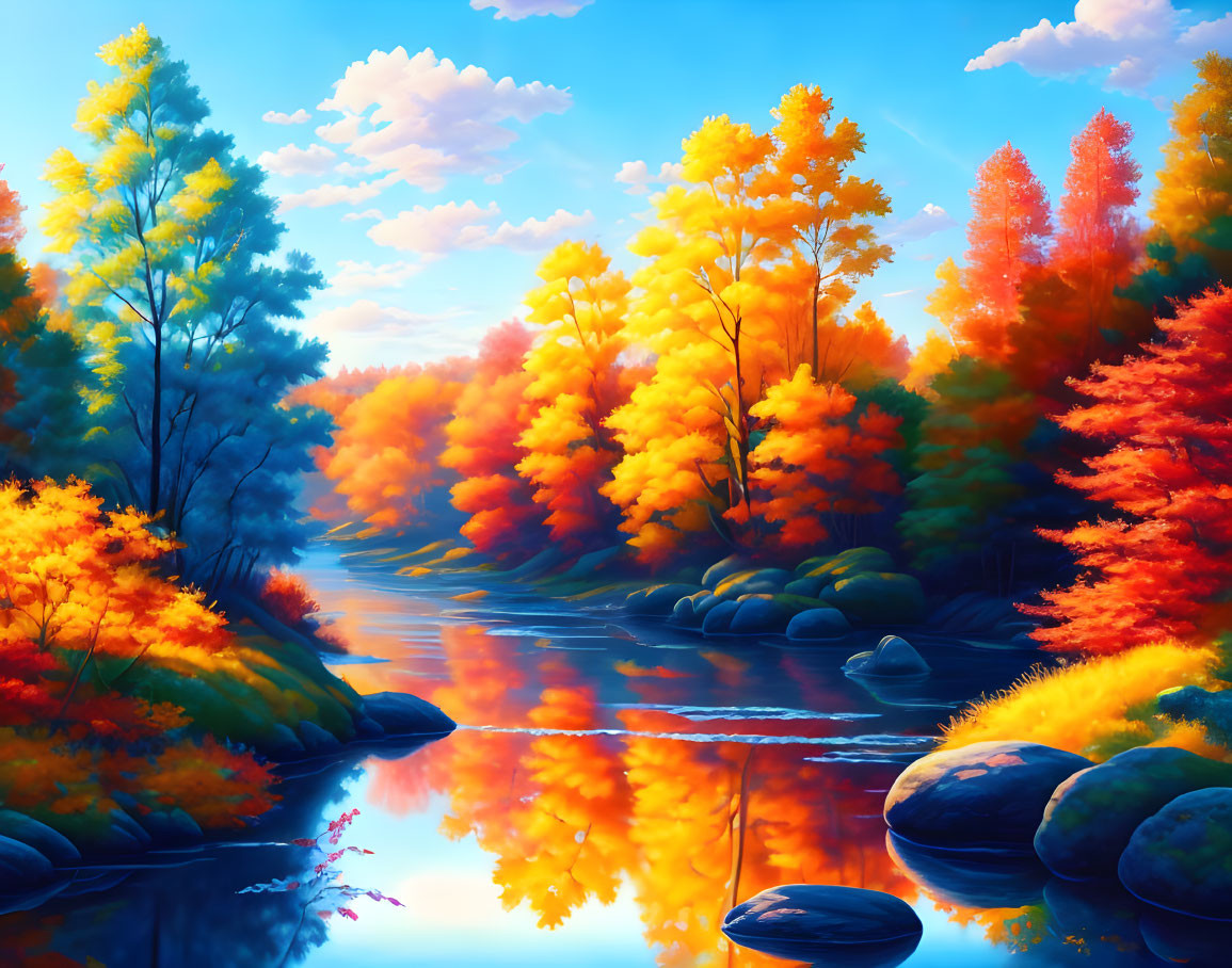 Scenic autumn forest with golden and crimson foliage by tranquil river