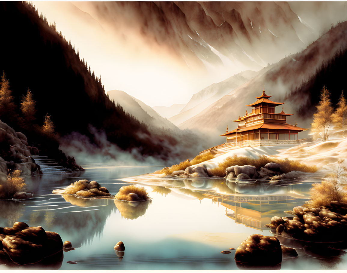 Traditional pagoda-style building by calm lake amidst misty mountains and autumn trees