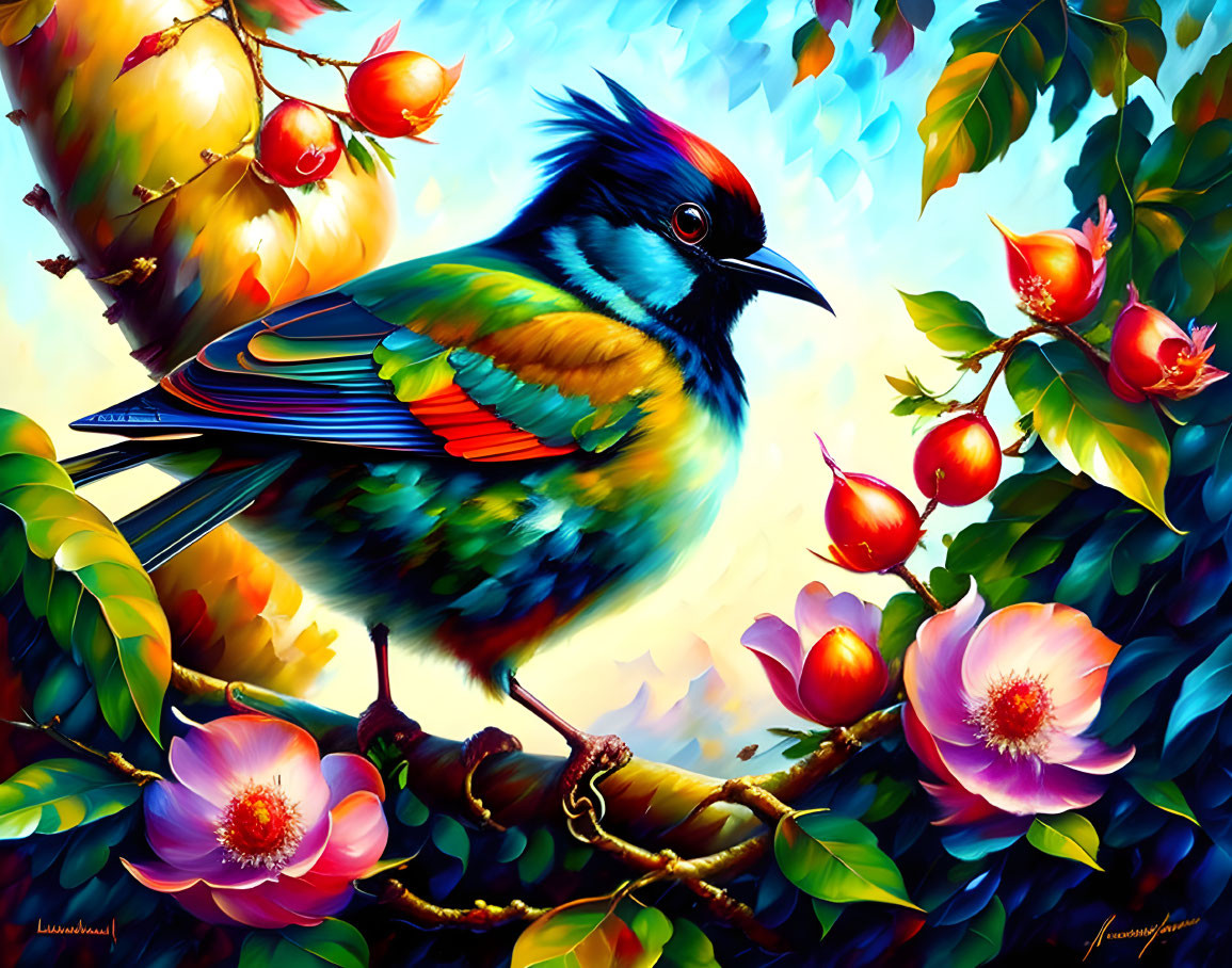 Colorful Bird Illustration on Branch with Green Leaves, Pink Flowers, and Red Berries