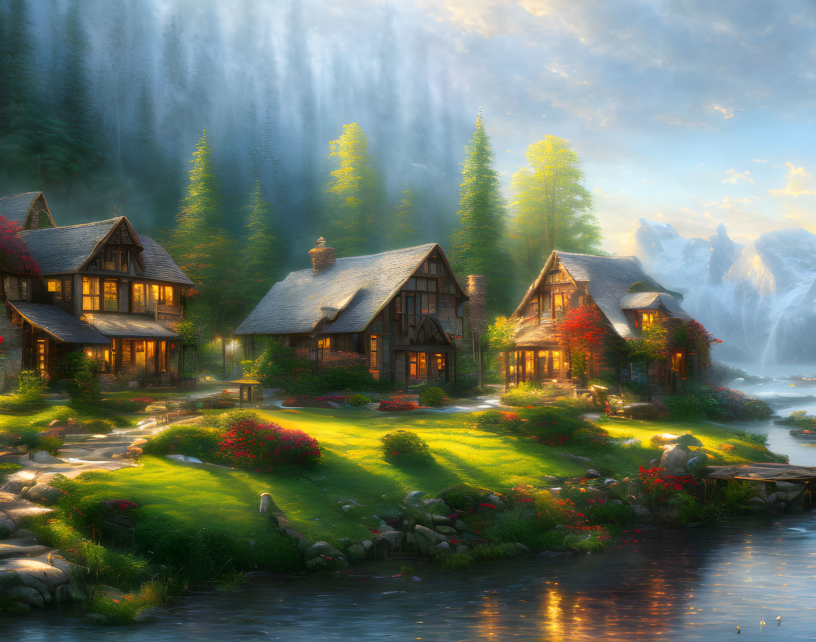 Tranquil landscape with cottages, river, mountains, and waterfalls