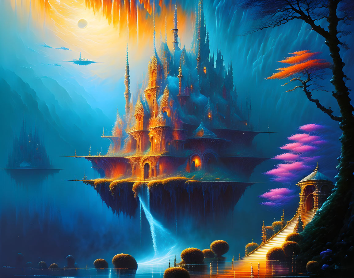 Mystical Fantasy Landscape with Castles, Glowing Tree, and Flying Ships