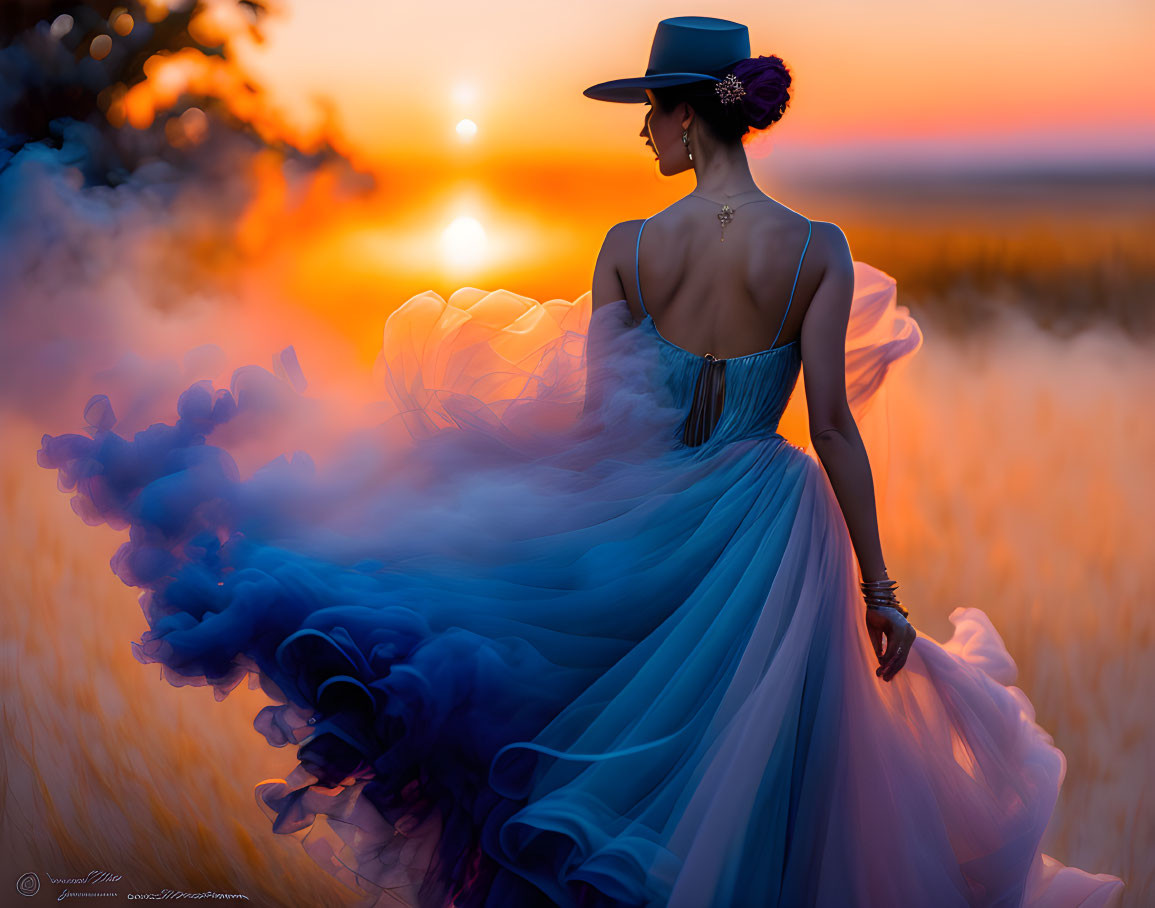 Woman in flowing blue dress and hat in field at sunset with purple smoke swirls