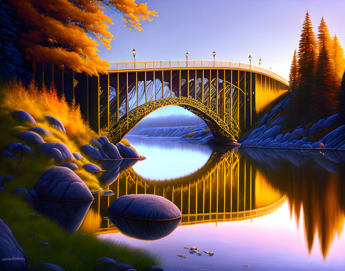 Ornate bridge over calm water at sunset with autumn trees and rocks