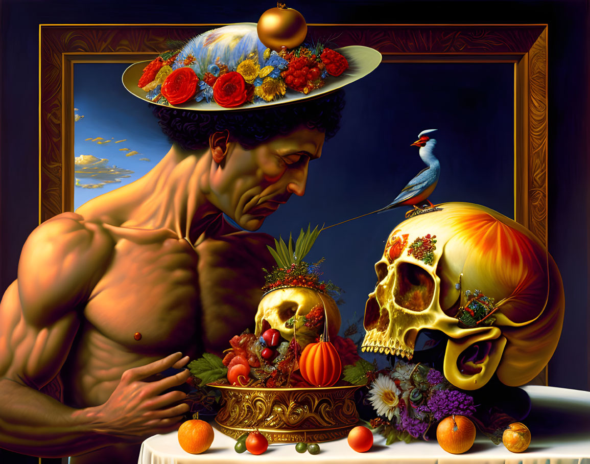 Surreal painting: Muscular man with fruit hat and decorated skull on table