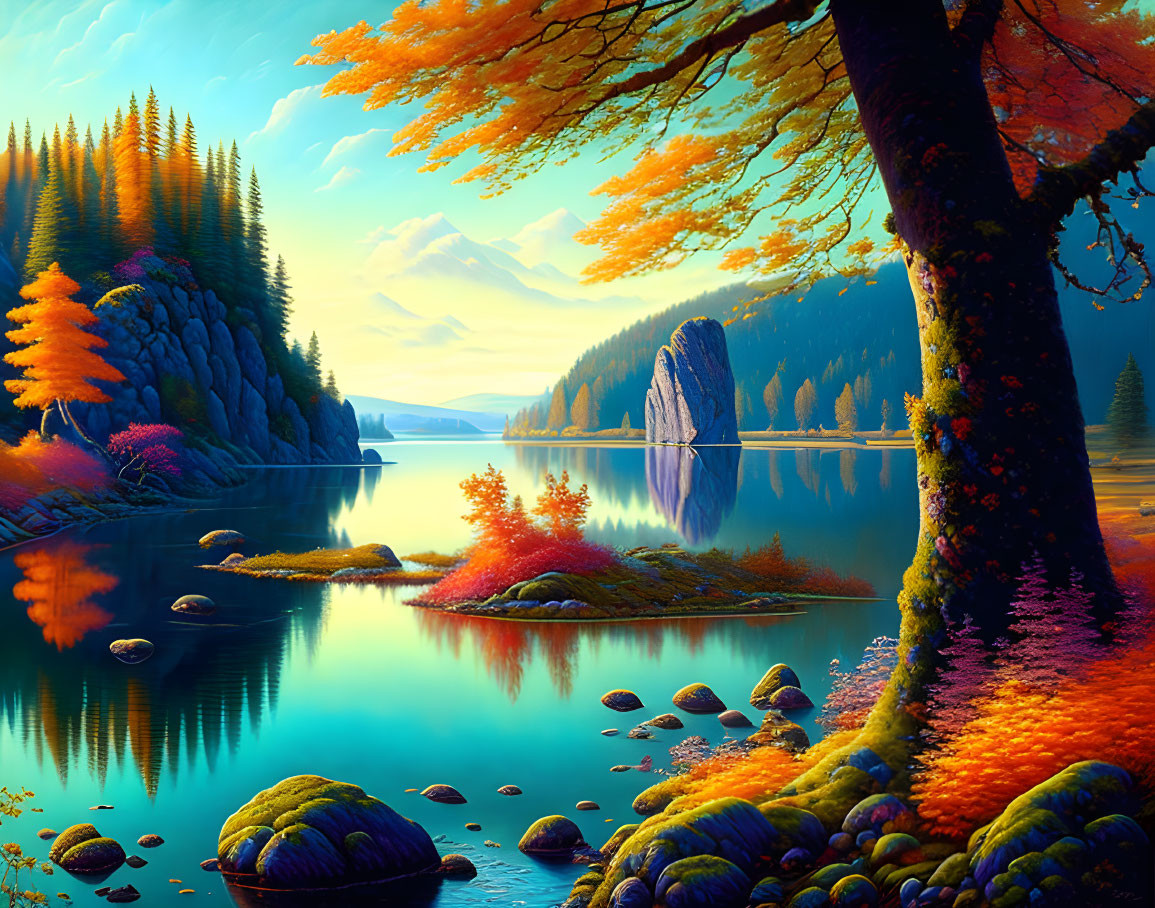 Tranquil lake with colorful autumn trees and mountains