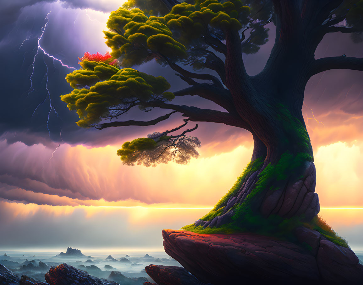 Majestic tree with broad trunk and lush canopy on cliff against stormy skies