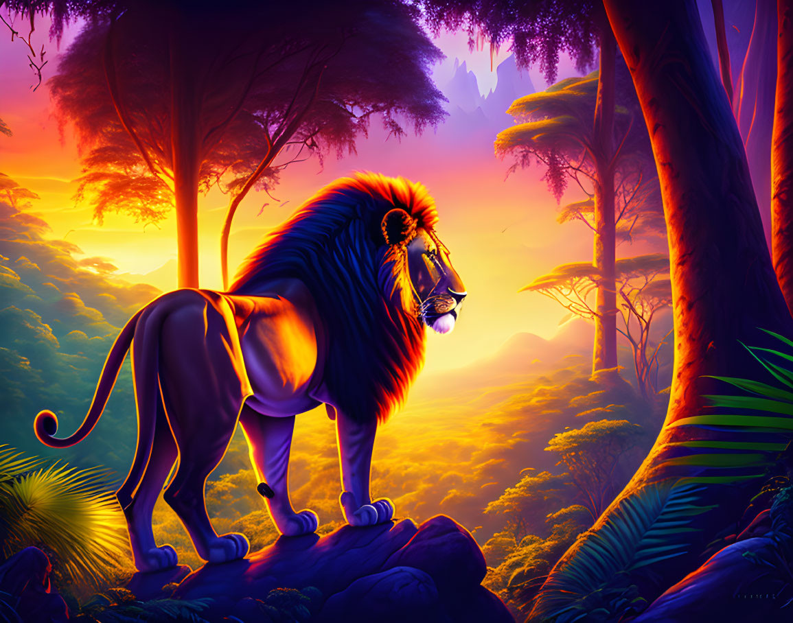 Majestic lion on rock in vibrant sunset-lit forest