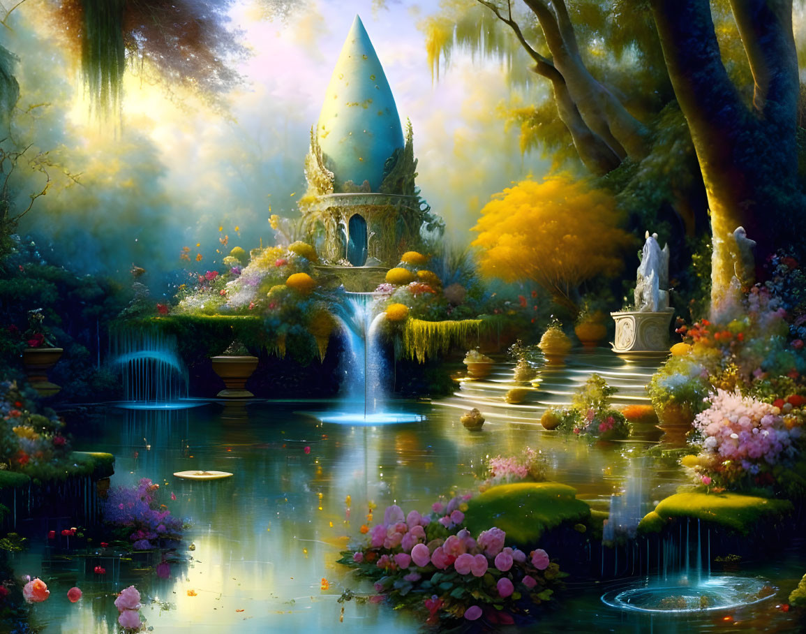 Lush garden with colorful flowers, ponds, waterfalls, and egg-shaped structure