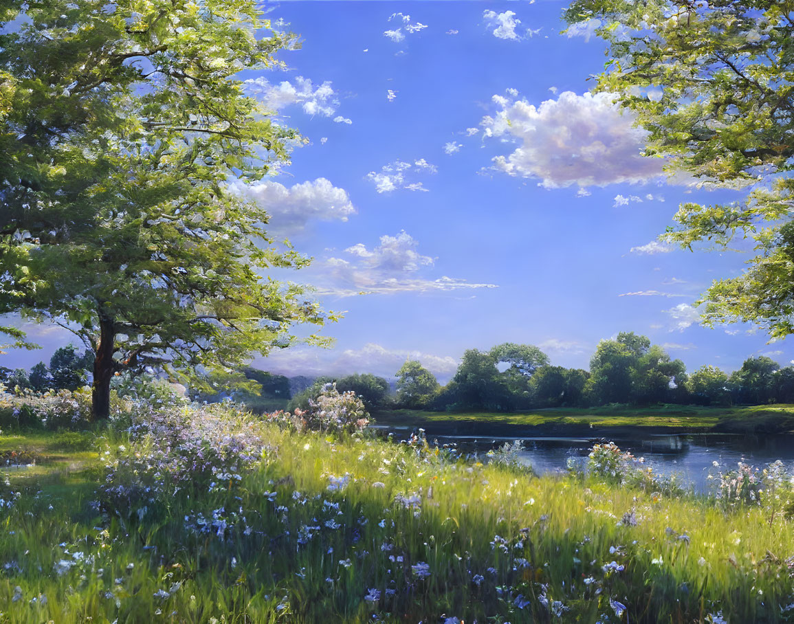 Tranquil Landscape with Wildflowers, River, Trees, and Sky