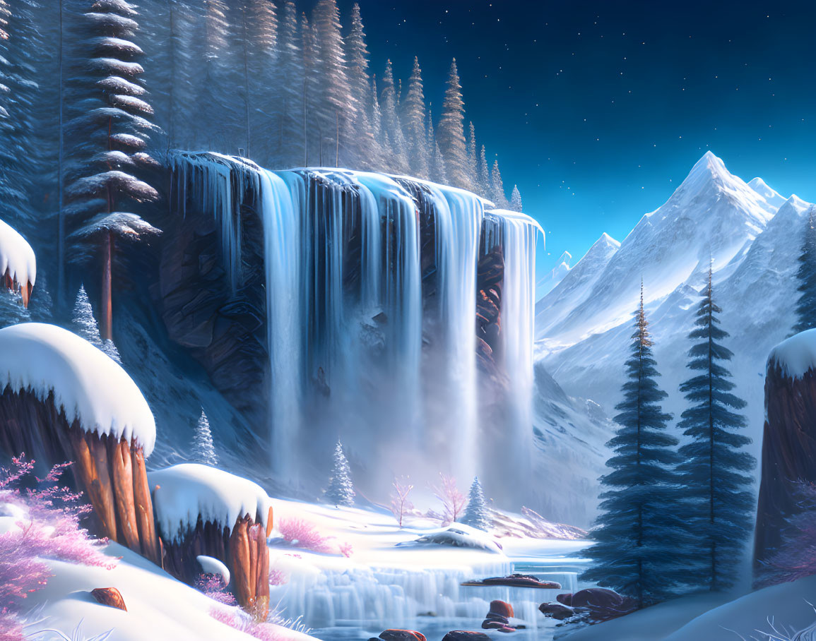 Majestic frozen waterfall in serene winter night