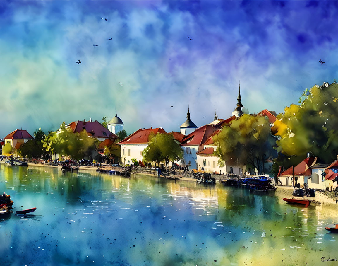 Colorful Watercolor Painting: Lakeside Village, Autumn Trees, Boats, Birds