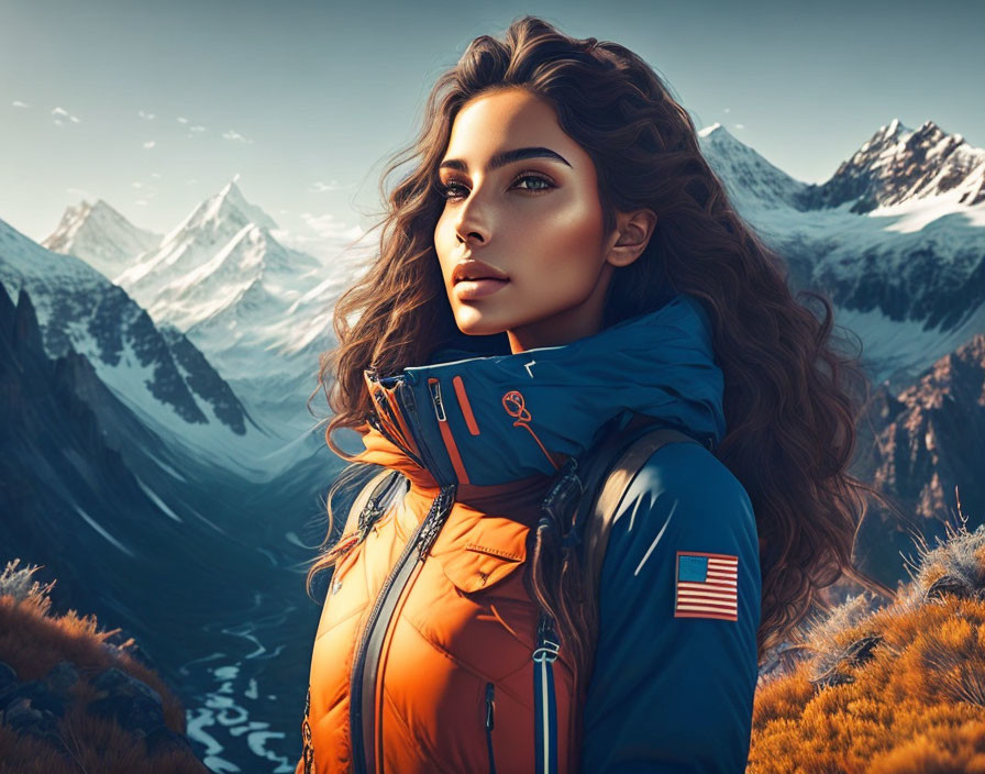 Woman in Vibrant Orange and Blue Jacket Against Snow-Capped Mountains