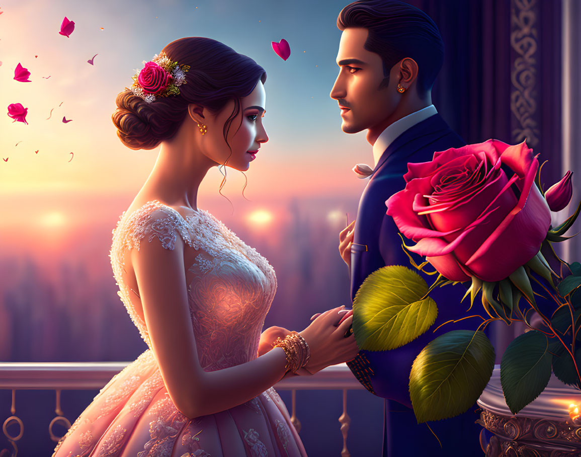 Illustrated couple in formal attire sharing a tender moment on a balcony with red rose and sunset hues.