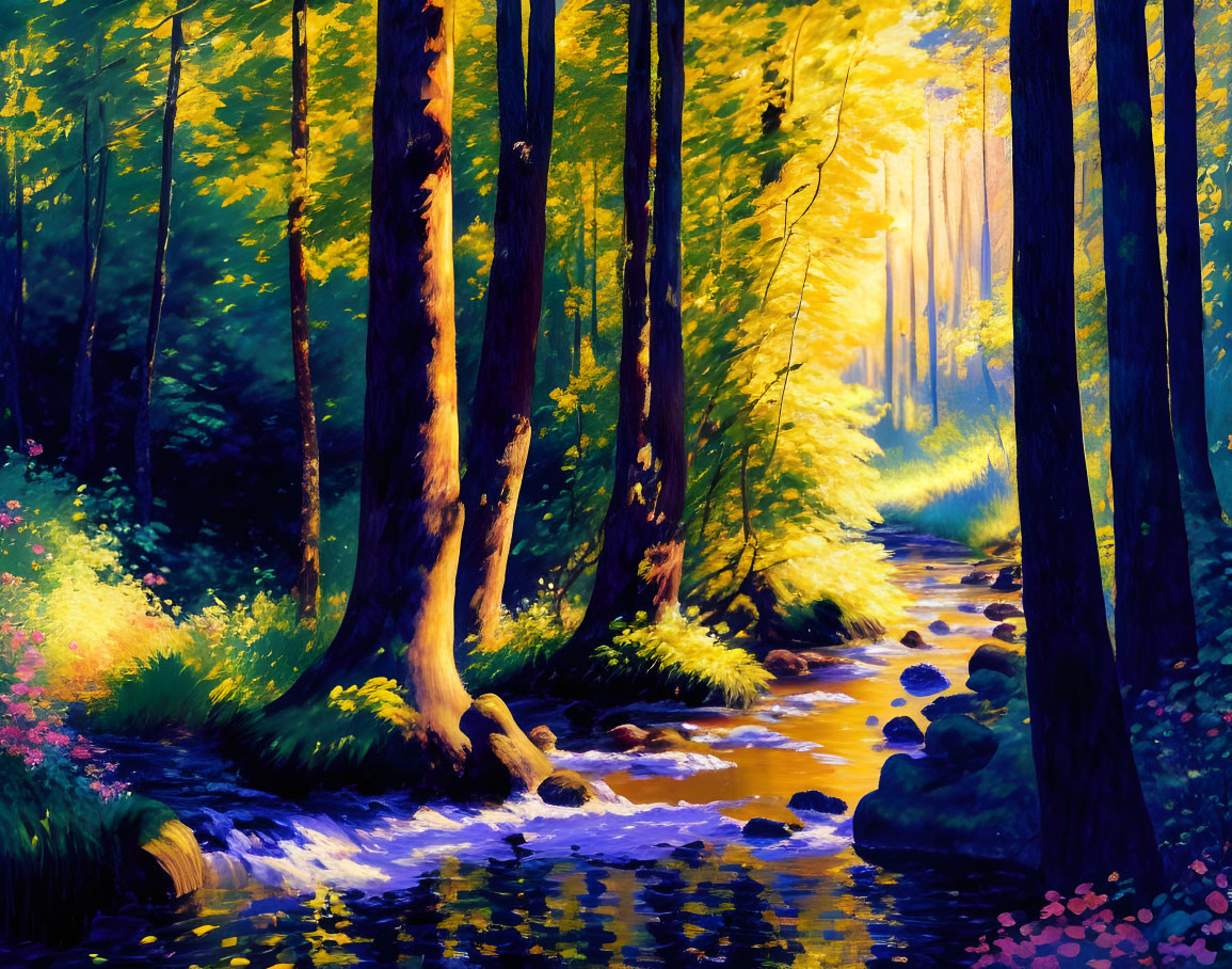 Tranquil forest stream with vibrant trees and wildflowers