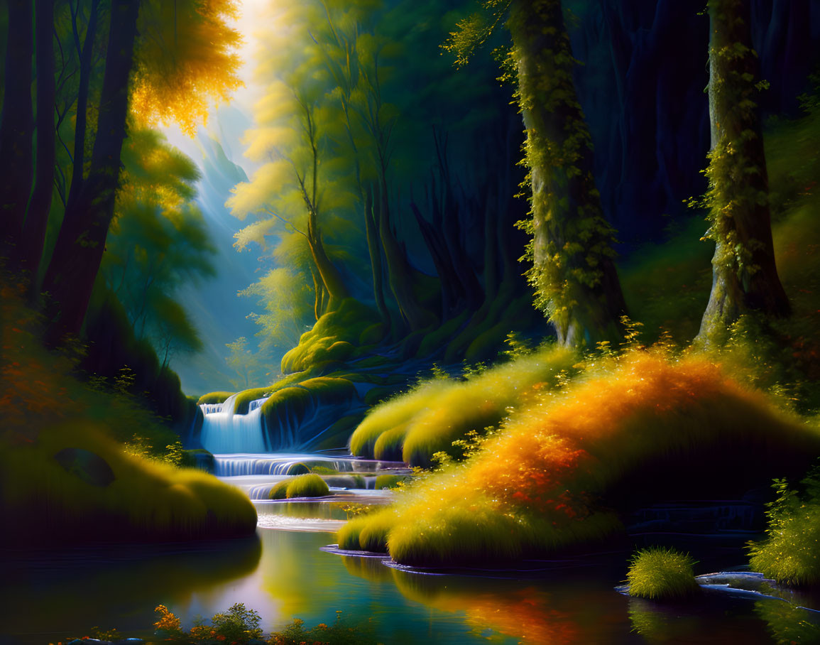 Vibrant fantasy forest with waterfall, greenery, sunbeams & mist