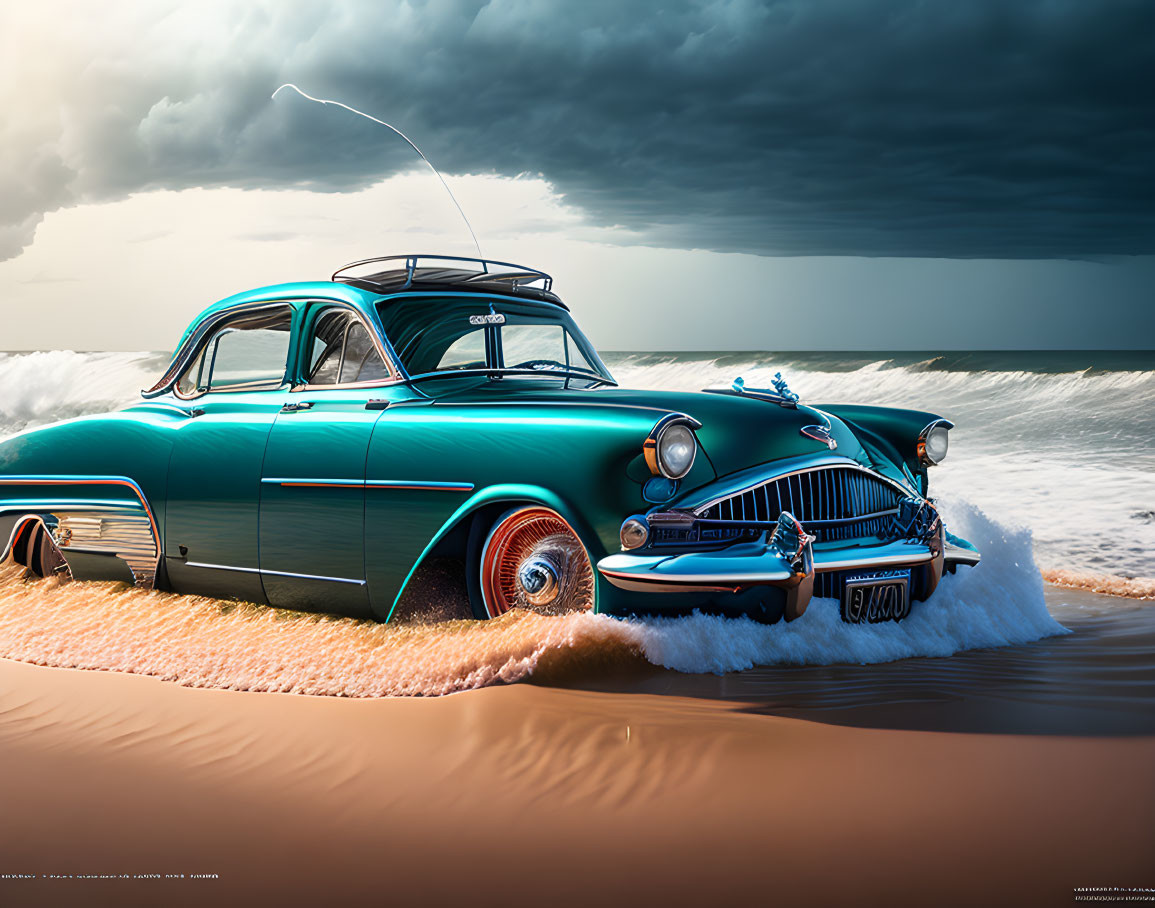 Teal Classic Car with Chrome Details on Beach with Dramatic Sky