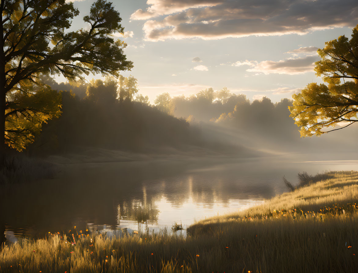 Ethereal sunrise scene: golden light through trees over calm river