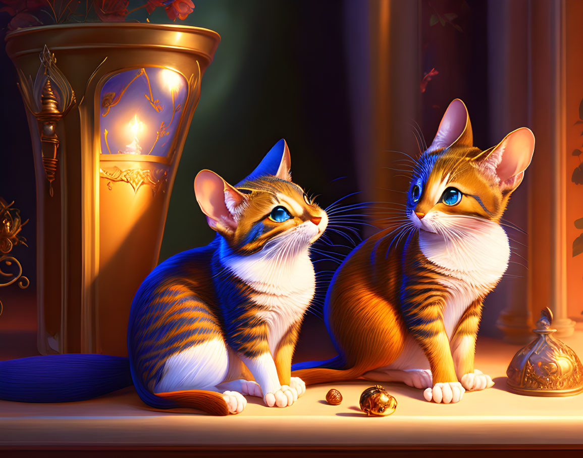 Vibrant cats with blue stripes in warm lighting beside golden decor