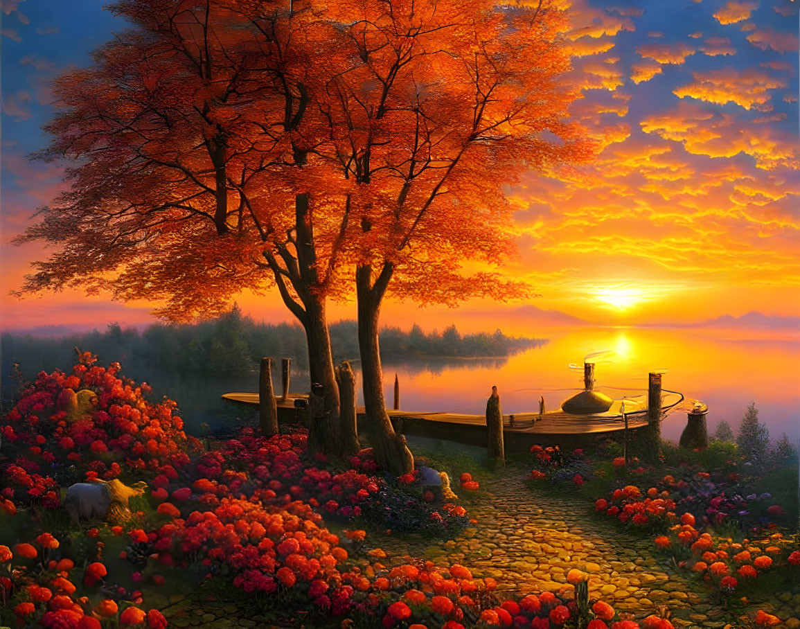 Colorful sunset over lake with autumn trees, stone path, flowers, and boat dock