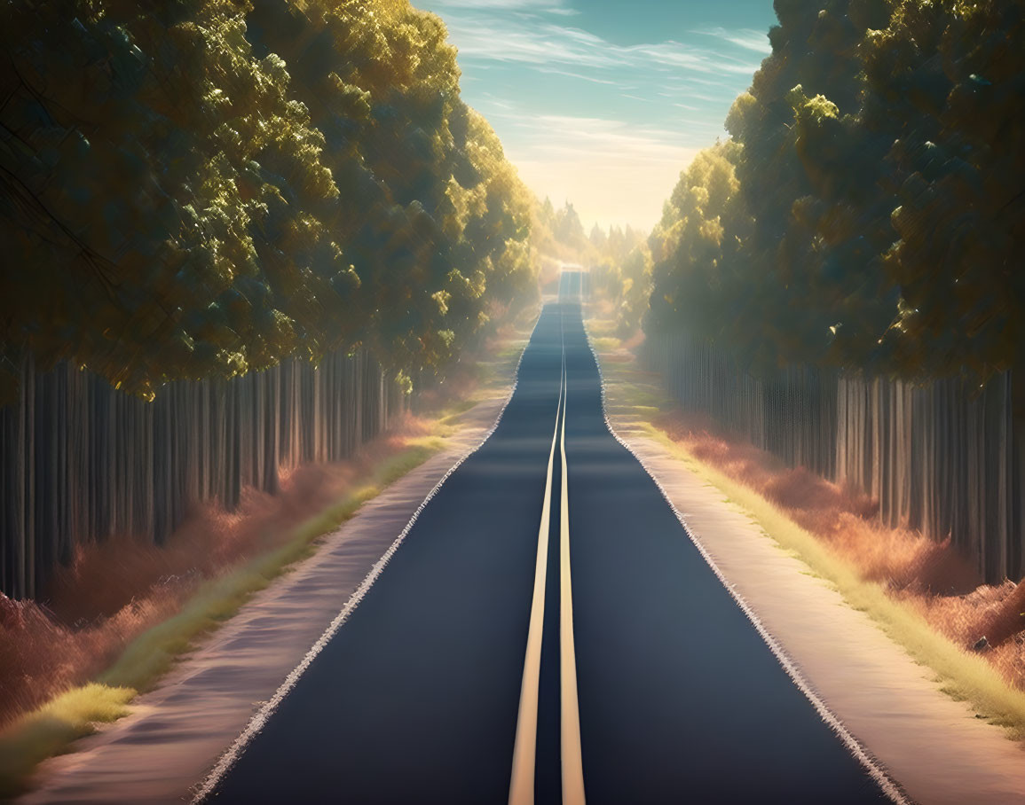 Tranquil road surrounded by trees under soft, hazy sky