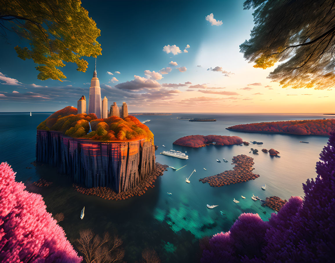 Vibrant surreal landscape with city on giant rock, sea, autumn trees