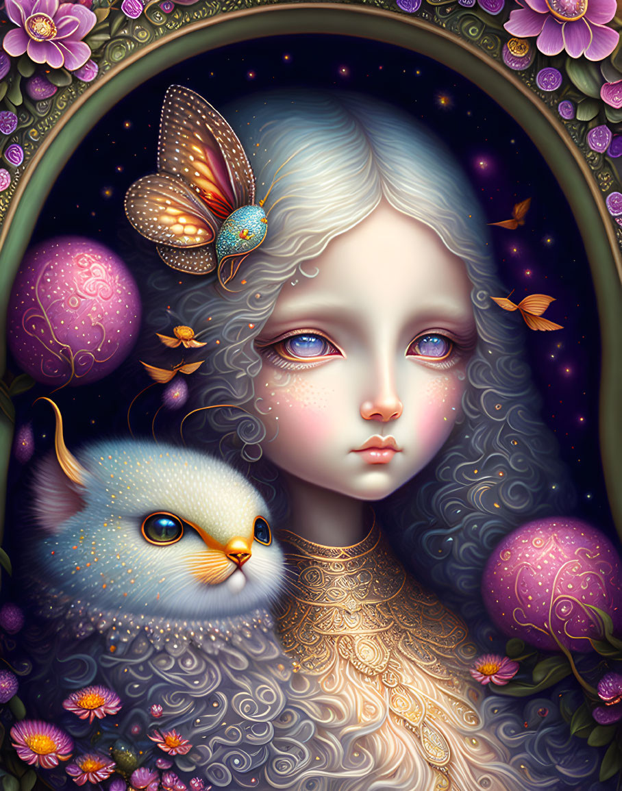 Illustration of girl with expressive eyes, fantastical cat, butterflies, purple orbs, and flowers