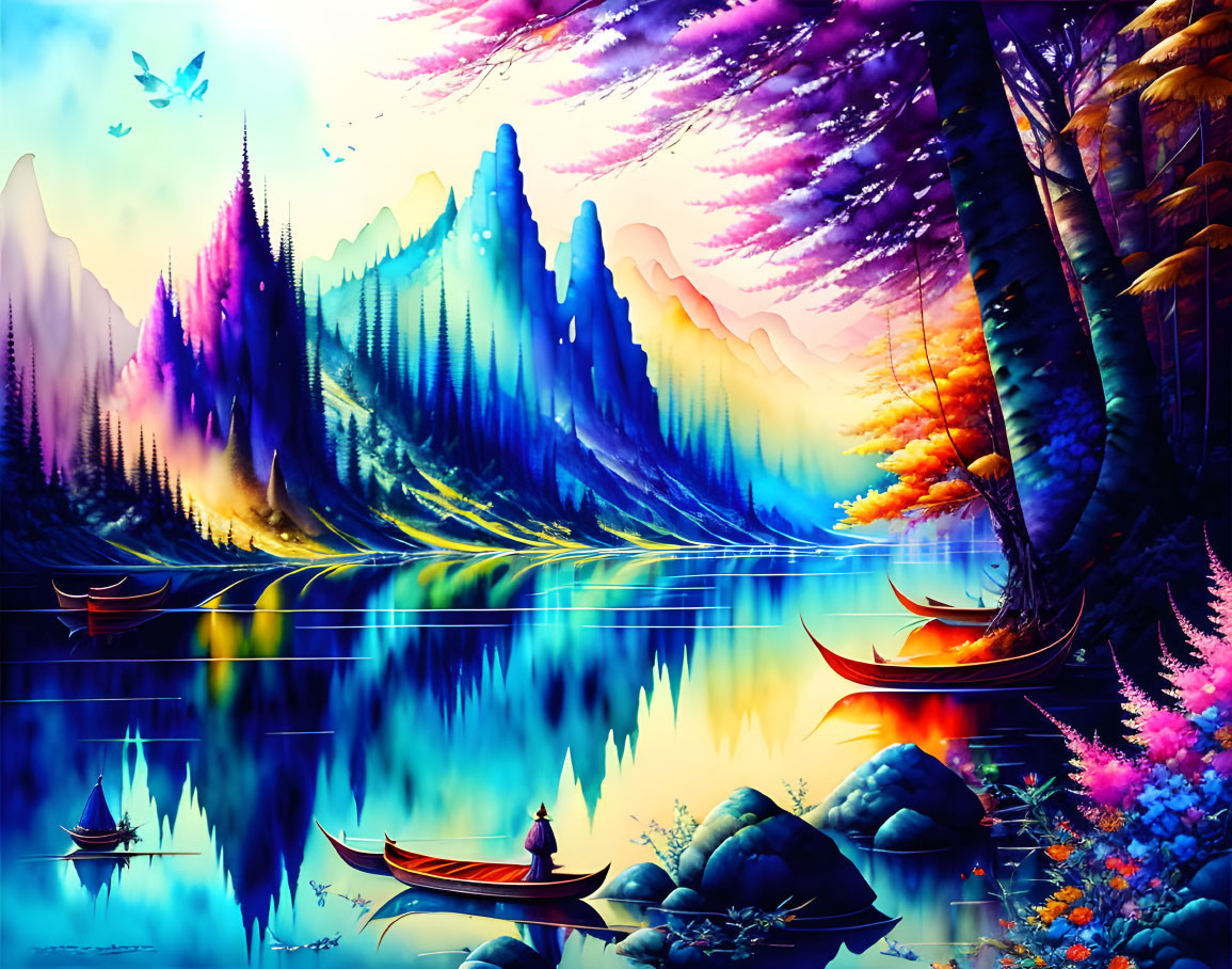 Colorful Fantasy Landscape with Lake, Trees, Boats, and Mountains