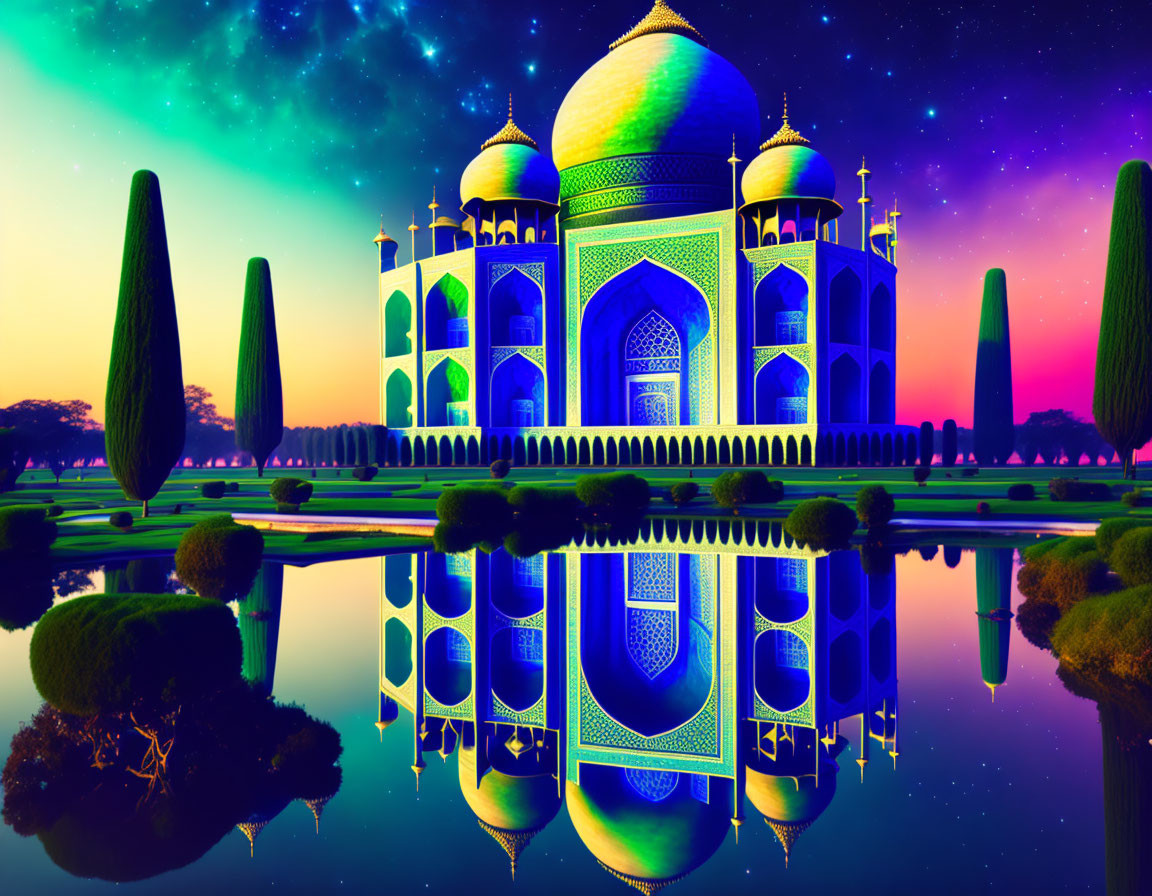 Iconic Taj Mahal Silhouetted Against Twilight Sky and Water Reflections