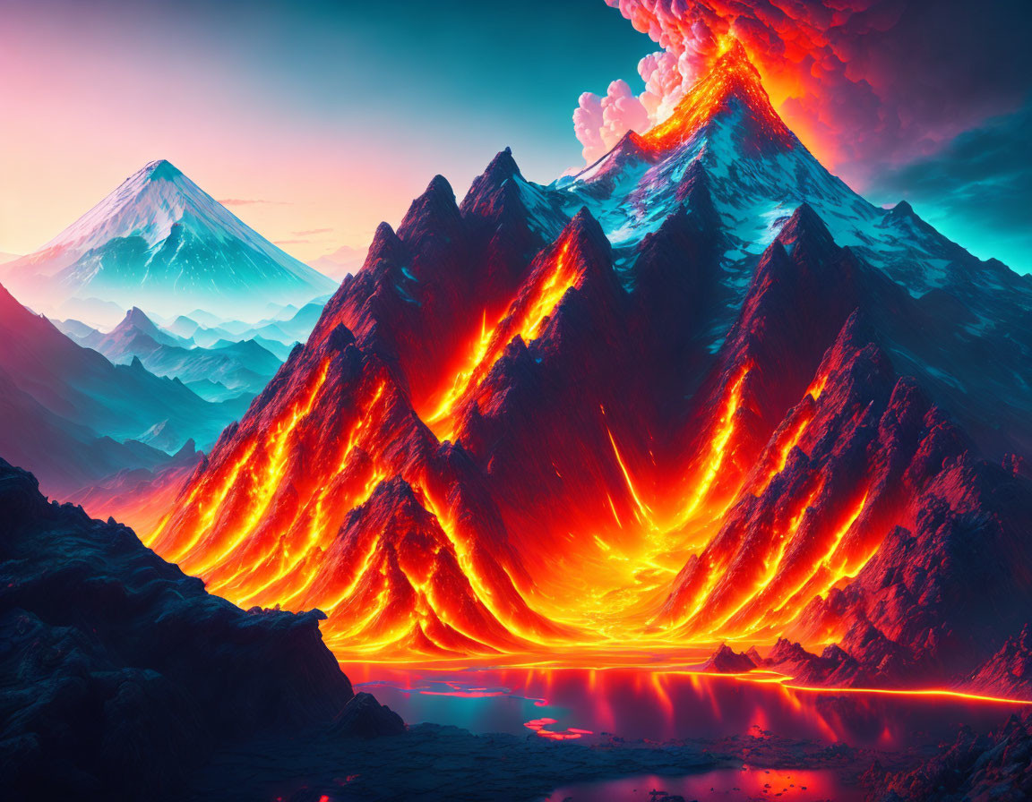 Digital Art: Dramatic Volcanic Eruption with Lava Flows