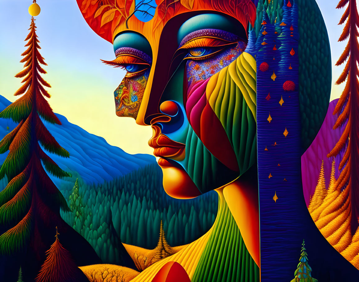 Vibrant surreal artwork: multicolored human face profile fused with forest landscape.