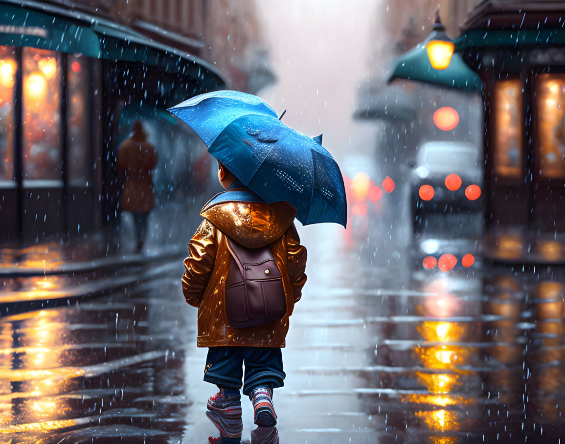 Child with Blue Umbrella Walking in Rainy City Street