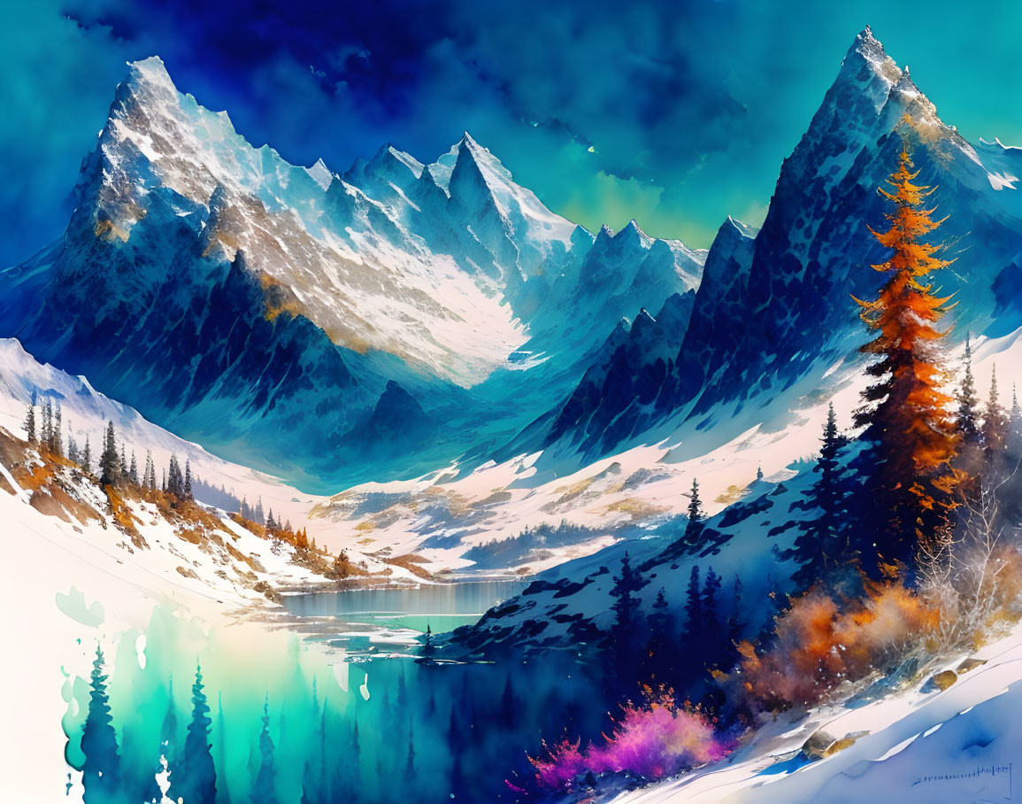 Digital Art: Snow-Capped Mountains, Serene Lake, Colorful Foliage