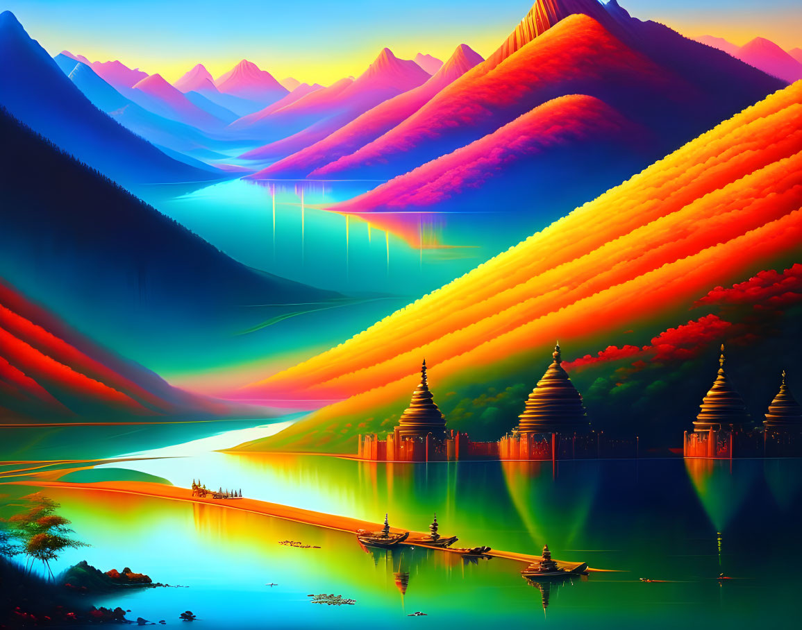 Colorful digital artwork of serene river, traditional boats, pagodas, rolling hills, and surreal