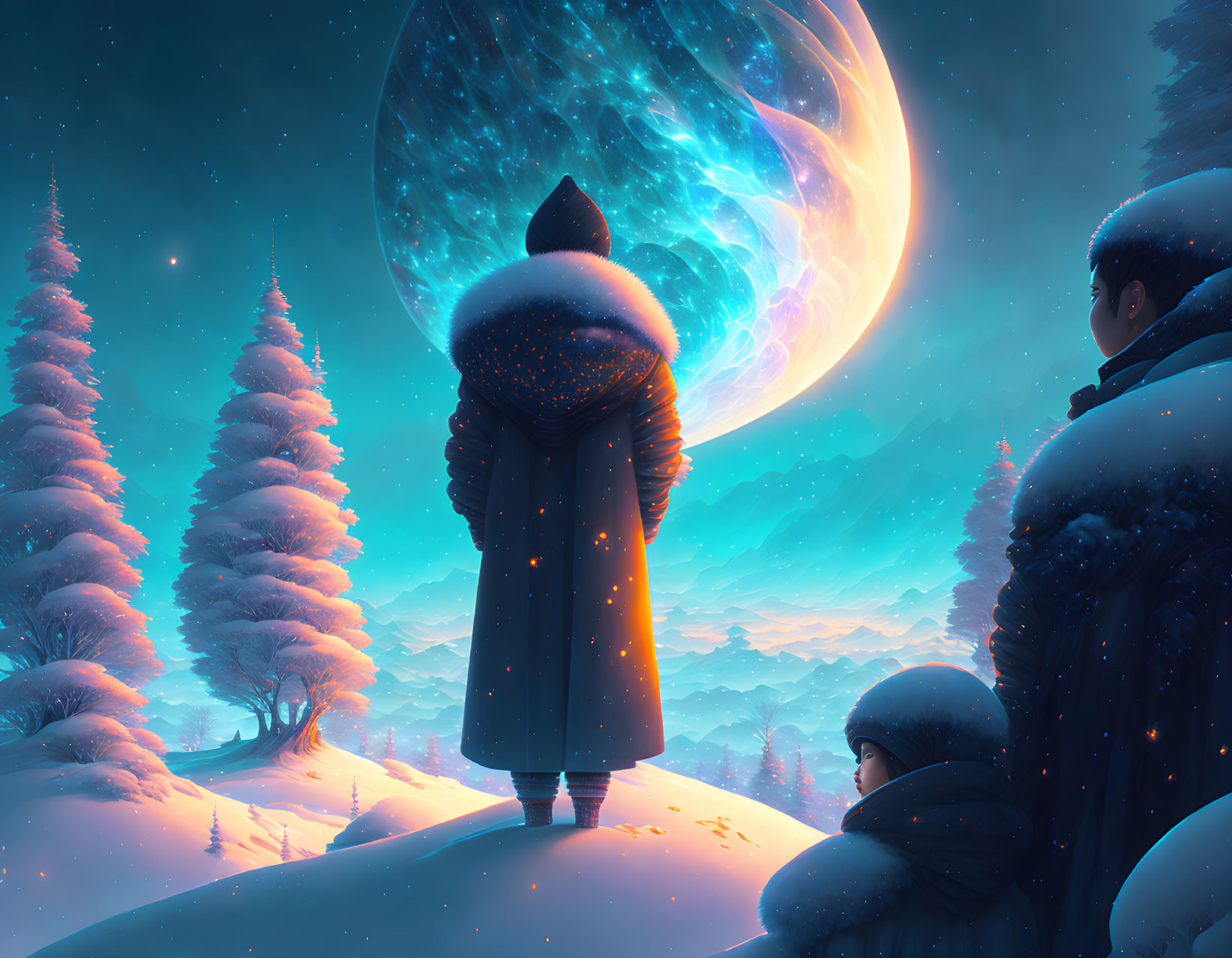 Mysterious figures admire glowing celestial body in snowy forest landscape