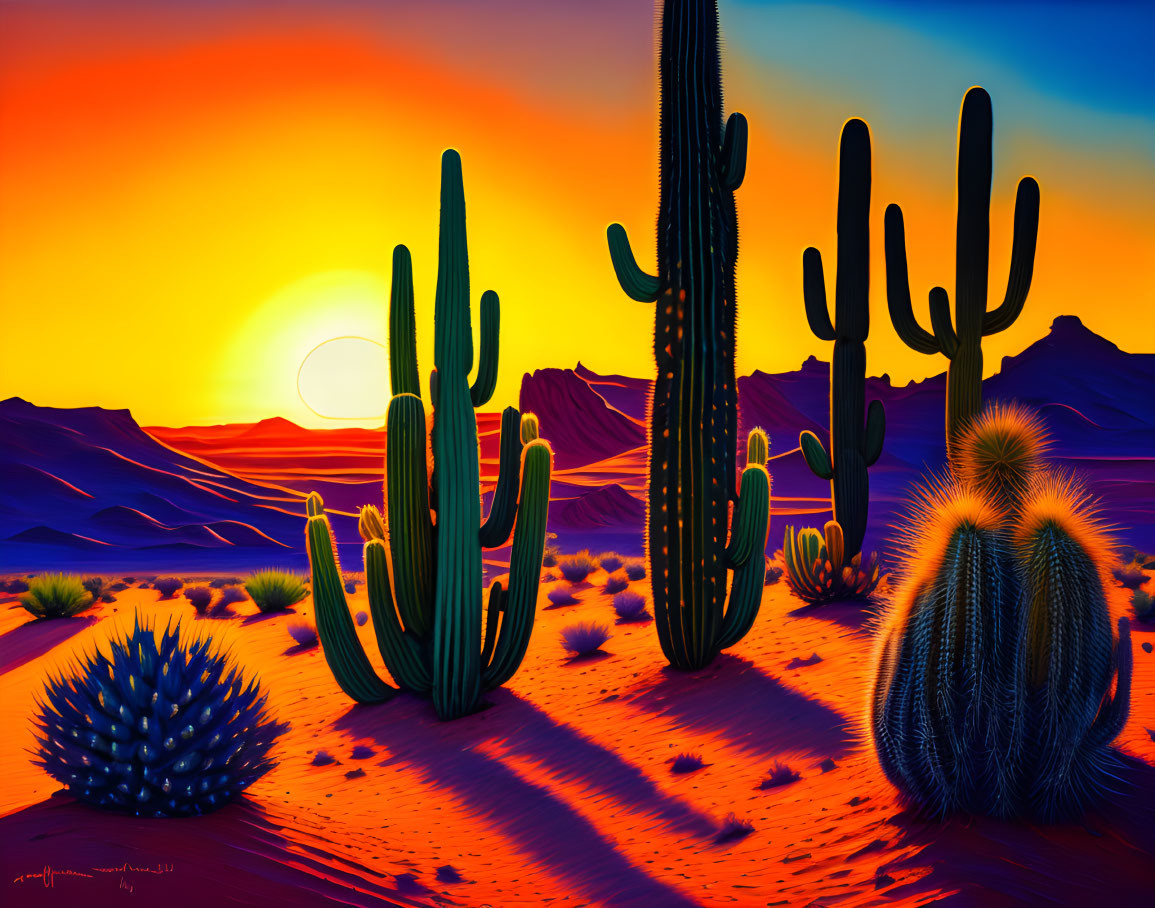 Colorful desert sunset with cacti silhouettes against dunes and mountains