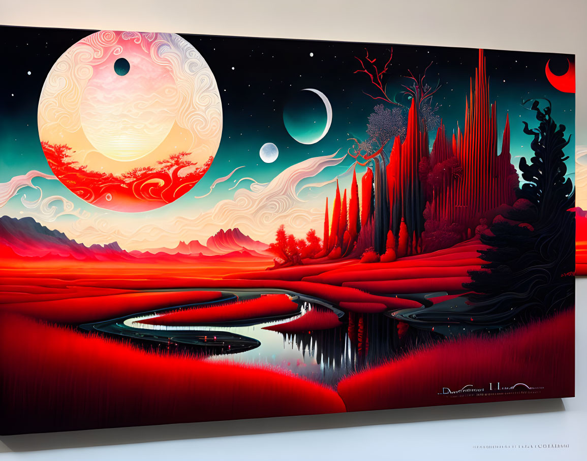 Surrealist landscape painting with oversized moon, planets, red terrain, stylized trees