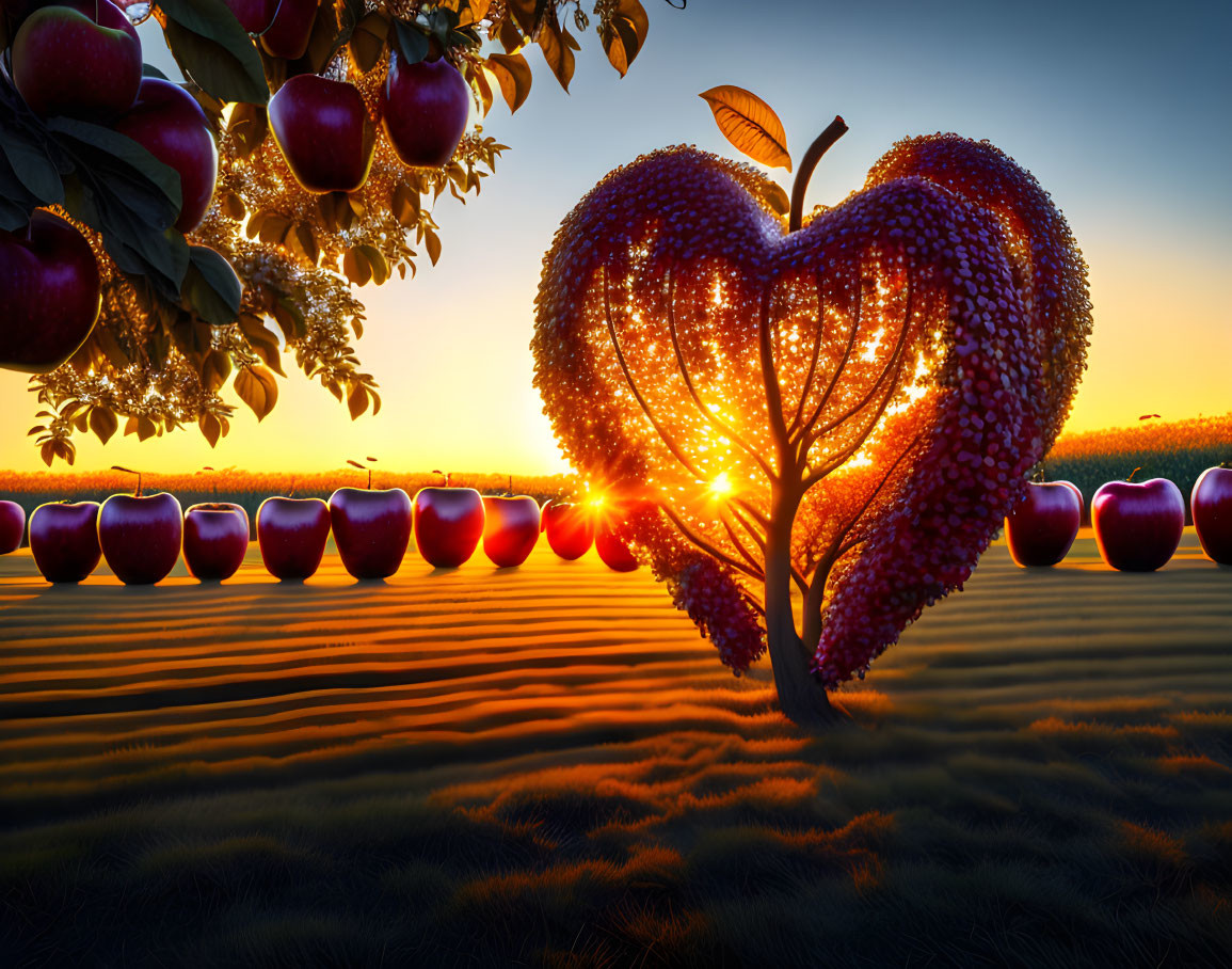 Heart-shaped tree with apples at sunset and warm sky.