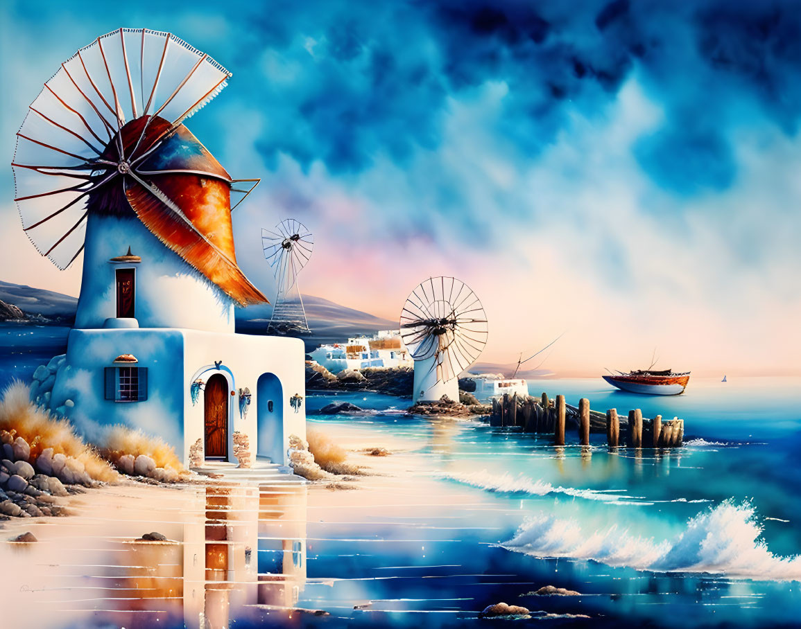 Coastal scene painting with windmills, traditional buildings, sea, boats, and vibrant sky