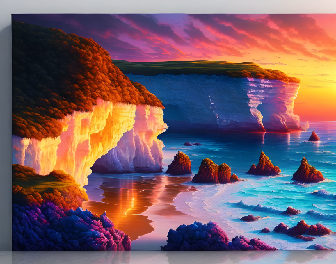 Colorful Cliff by the Sea at Sunset with Exaggerated Hues