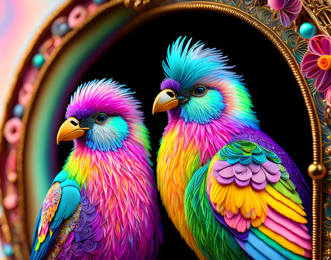 Colorful Birds Reflected in Ornate Mirror with Floral Accents