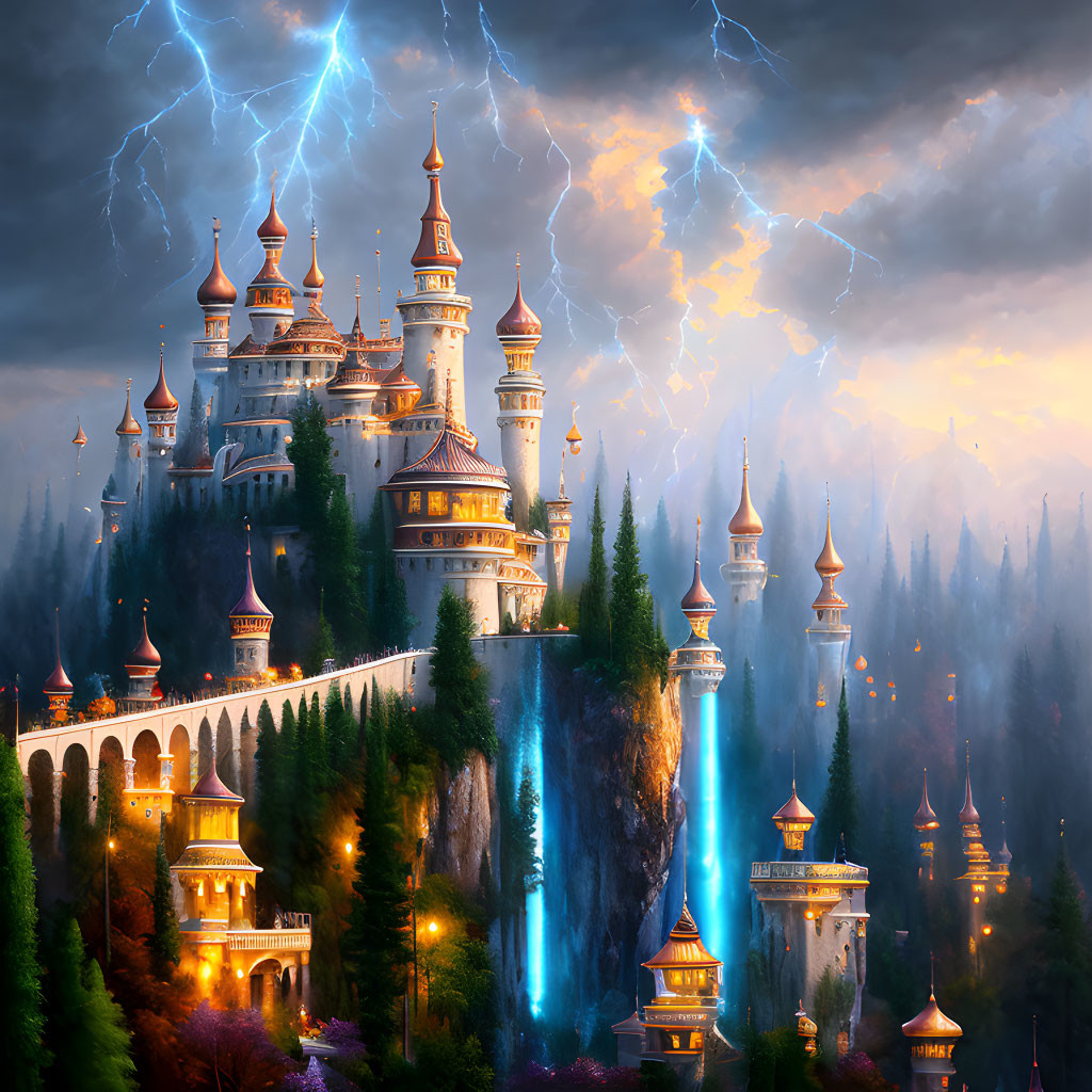 Castle on Waterfall with Lit Towers in Stormy Sky with Lightning