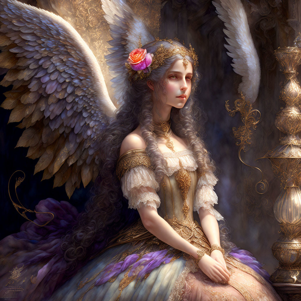 Regal angel with large wings and golden crown in ethereal setting