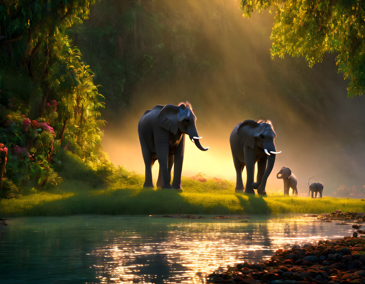 Adult elephants and calf at sunset by river with misty trees.