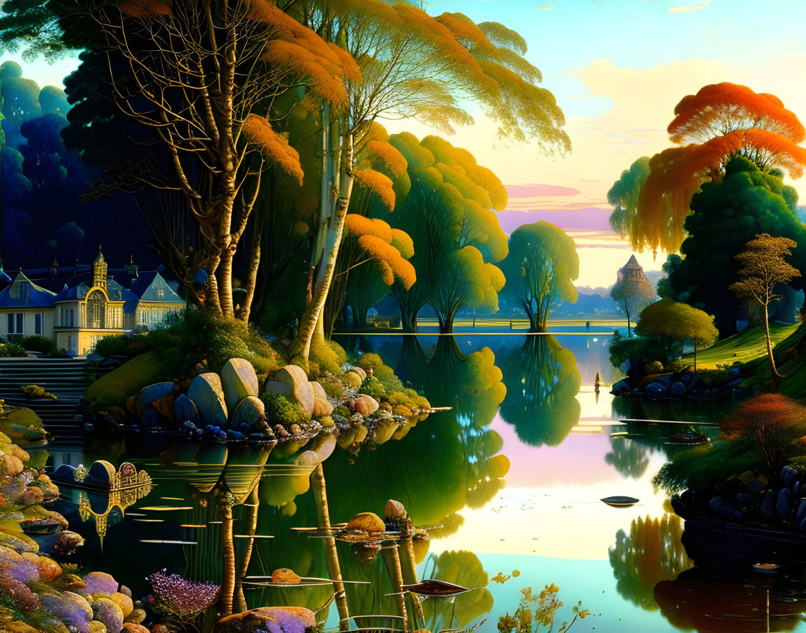 Tranquil autumn landscape with vibrant trees and lake reflection