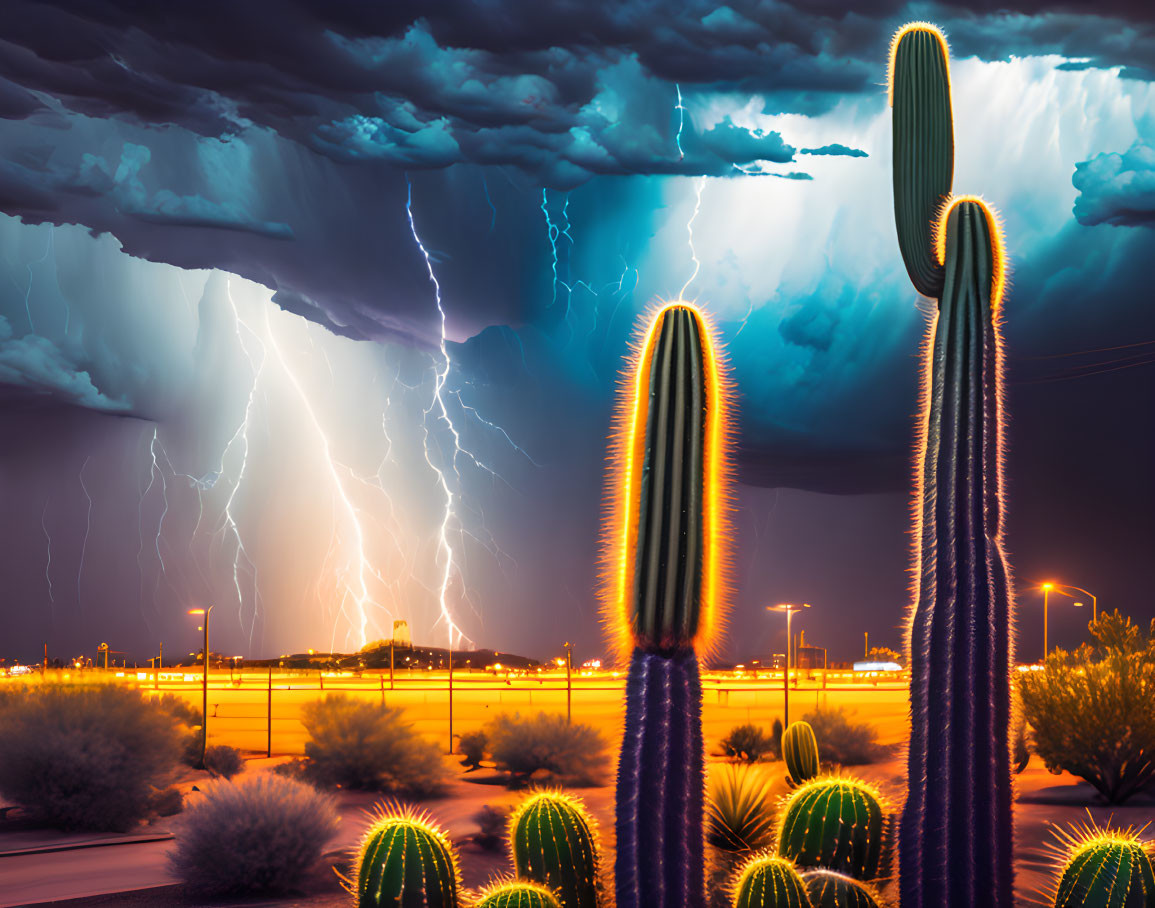 Desert thunderstorm with lightning bolts, tall cacti, and distant city lights