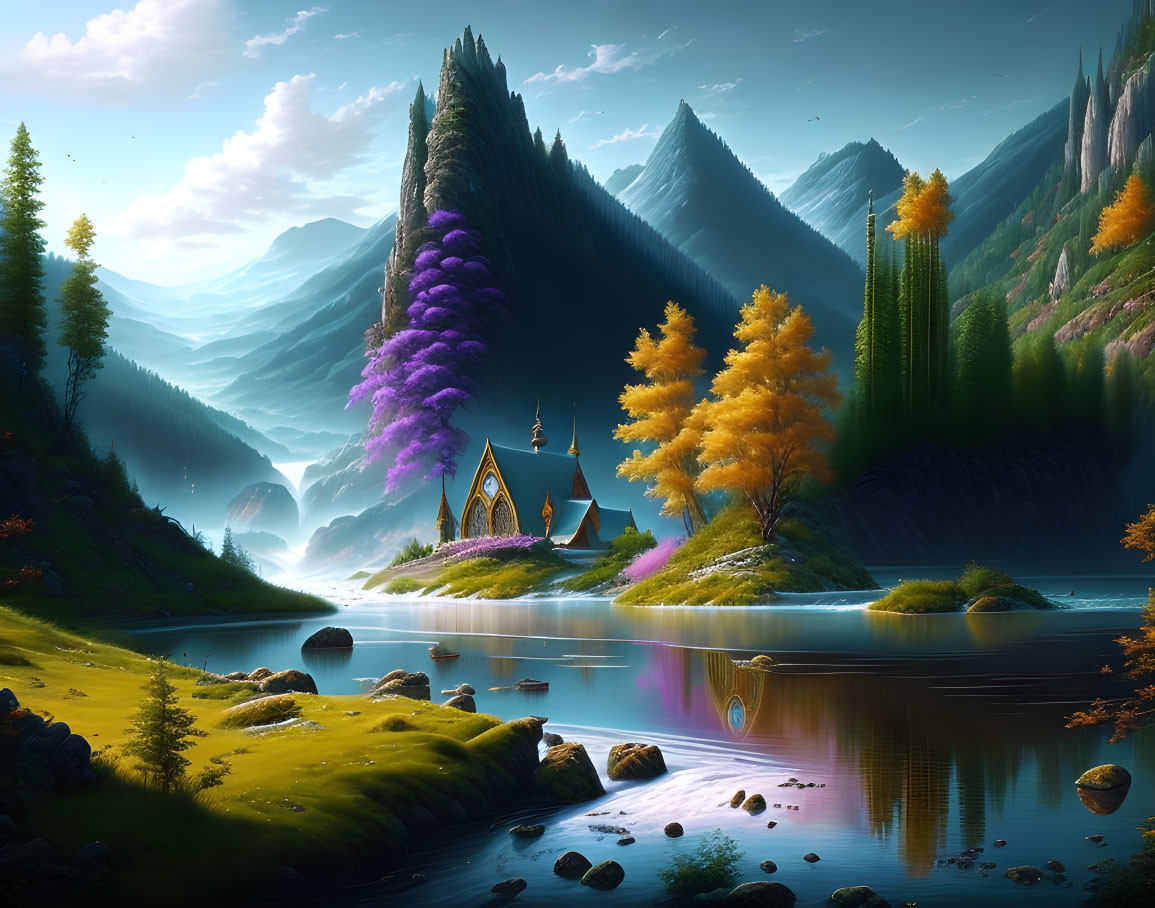 Colorful Trees, Reflective Lake, Mountains, and Island Church in Tranquil Fantasy Landscape