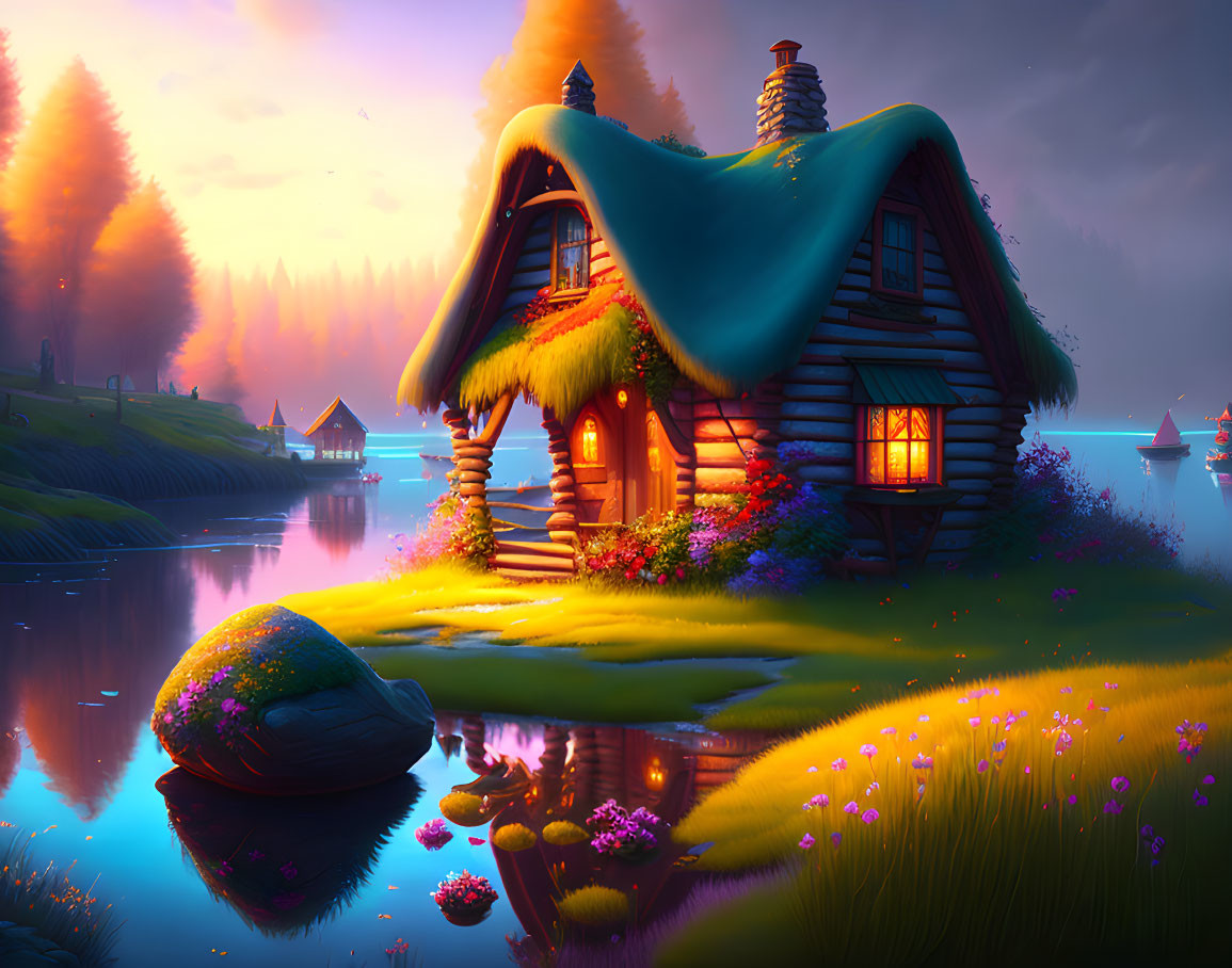 Riverside cottage with glowing interior at dusk