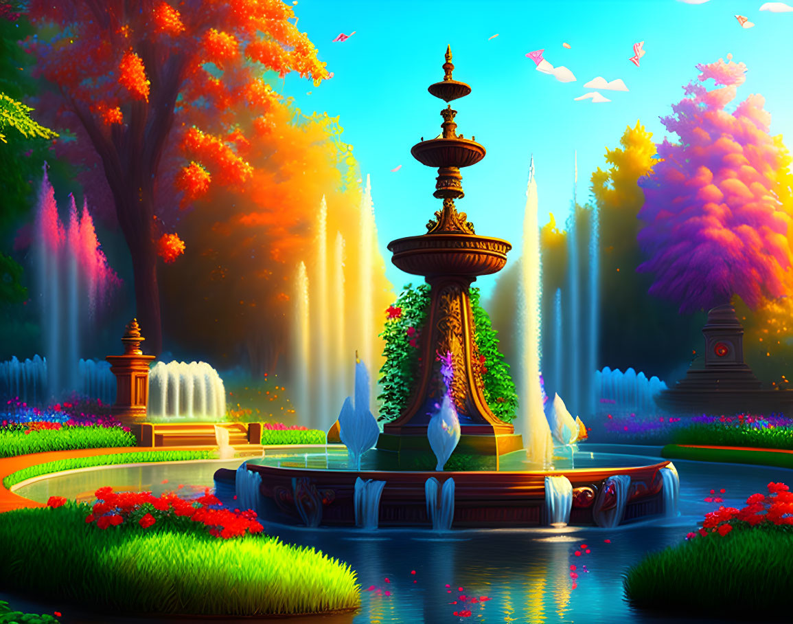 Colorful animated fountain in lush garden with flying birds.