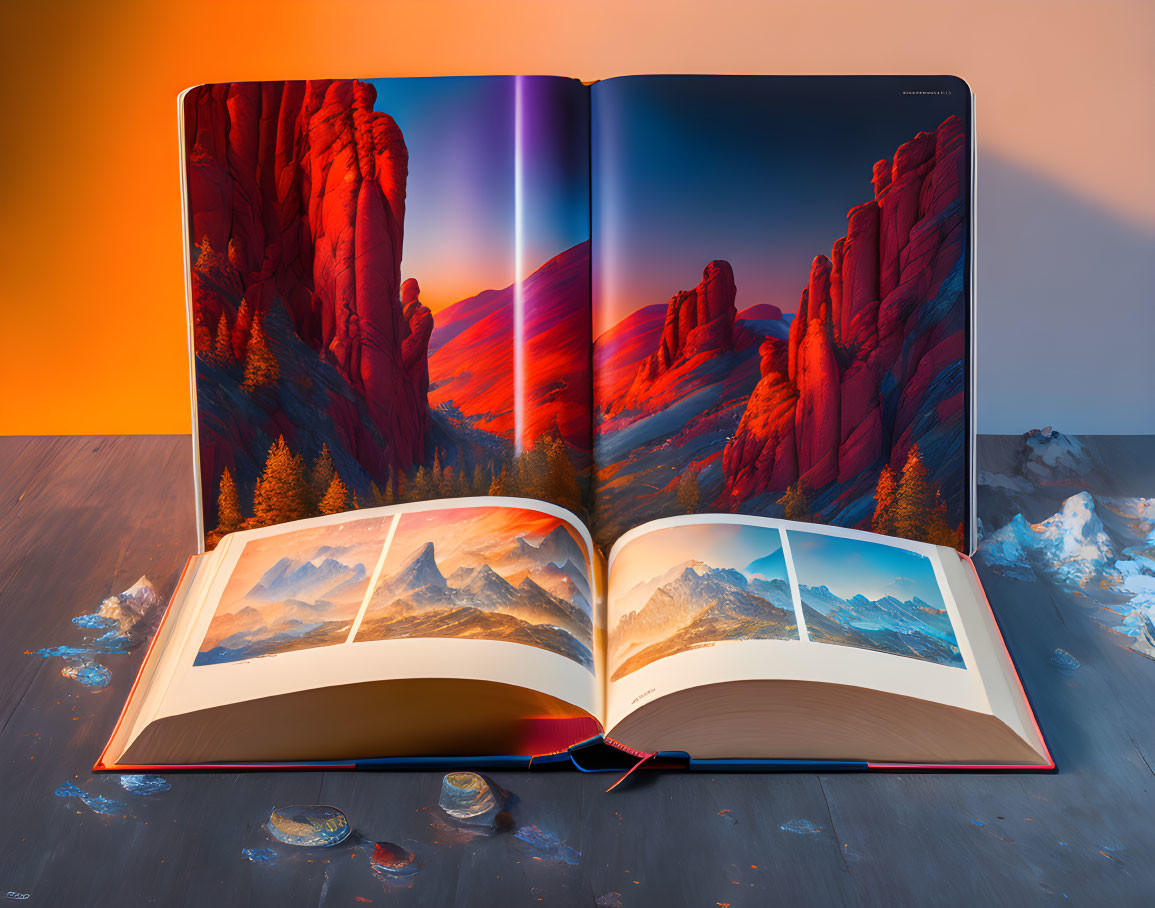 Open book with mountain landscape merges with surreal red cliff background